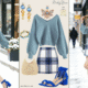 Fall Winter Dusty Blue Plaid Mini Skirt Outfit