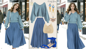 Fall Winter Dusty Blue Ombre Maxi Skirt Outfit