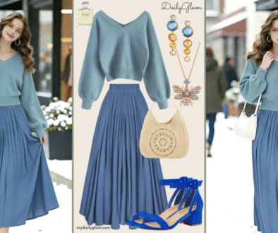 Fall Winter Dusty Blue Ombre Maxi Skirt Outfit