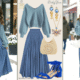 Fall Winter Dusty Blue Ombre Maxi Skirt Outfit