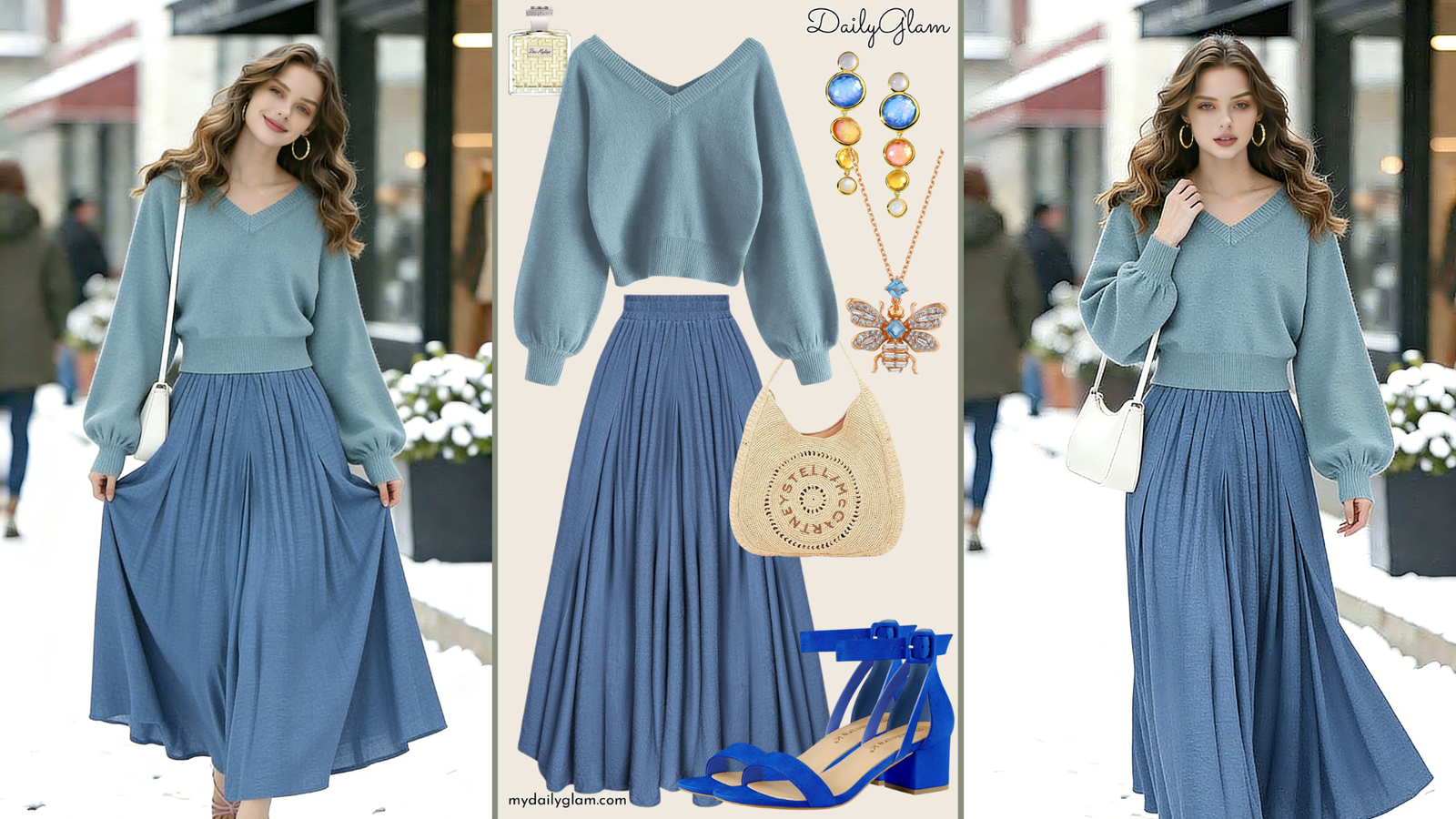 Fall Winter Dusty Blue Ombre Maxi Skirt Outfit