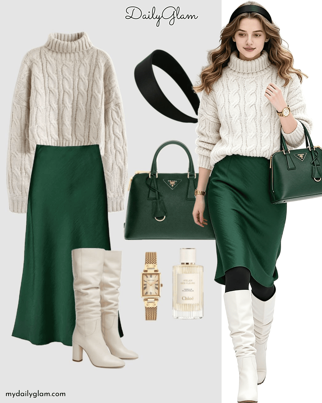 green satin midi skirt outfit