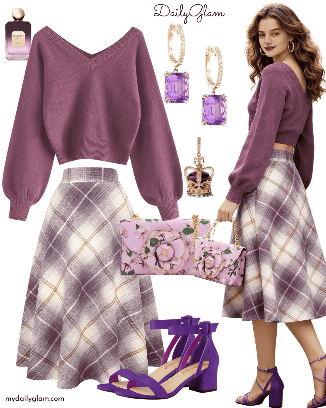 all winter elegant purple plaid outfit with amethyst jewelry
