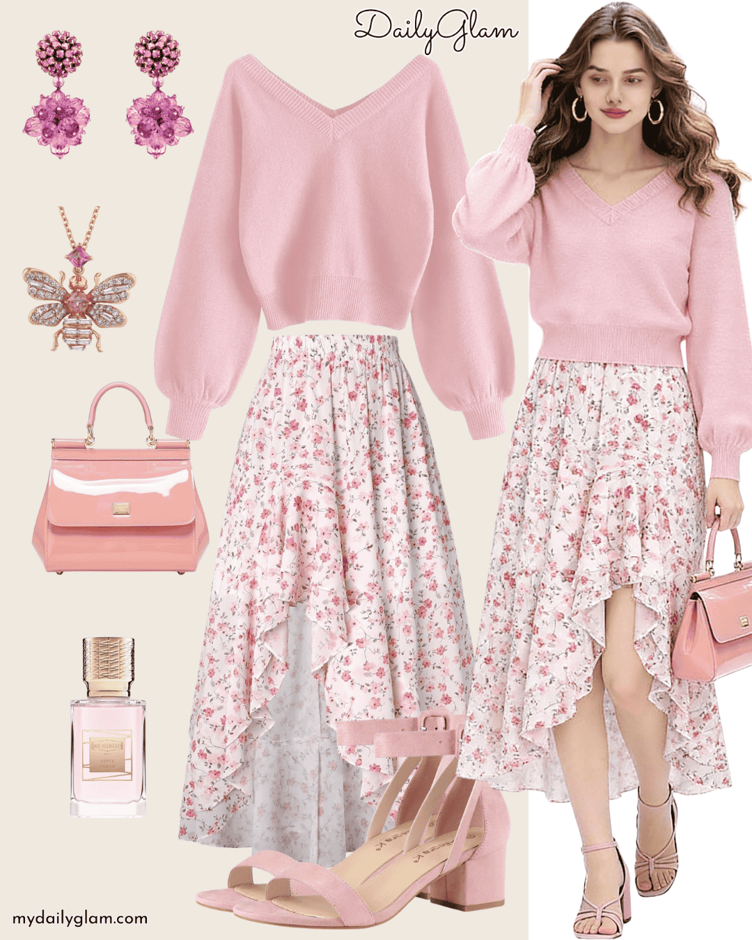Cropped Pink V-Neck Sweater + Floral Maxi Skirt Fall Look