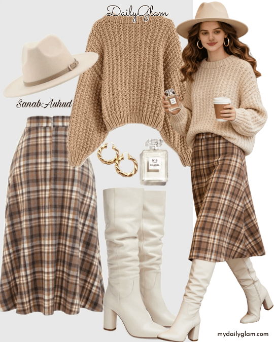 Light khaki chunky knit sweater outfit