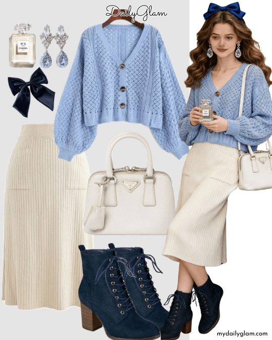 Light blue crochet knit cardigan outfit