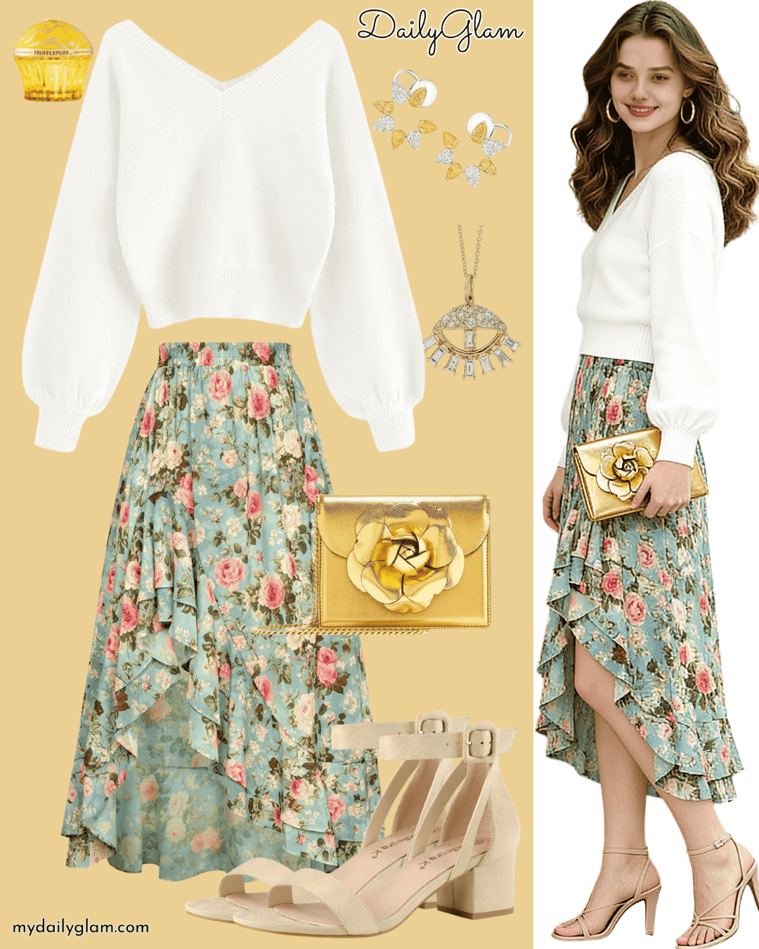 Fall winter romantic white boho outfit with gold accessories & diamond jewelry