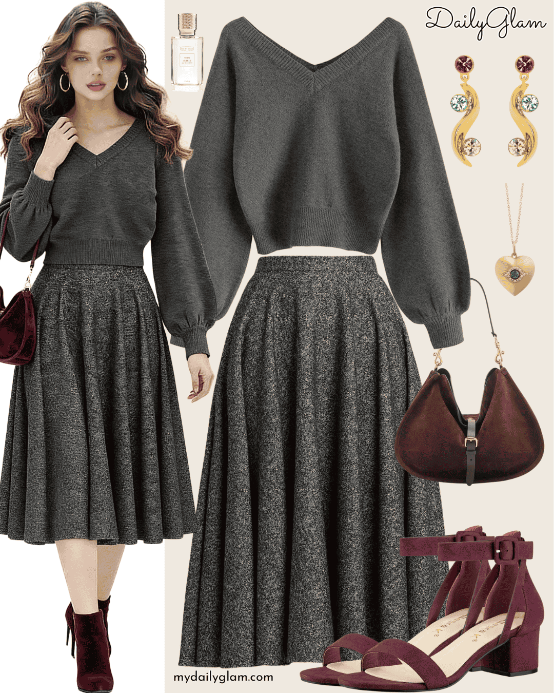 Cropped Charcoal Grey V-Neck Sweater Fall Look