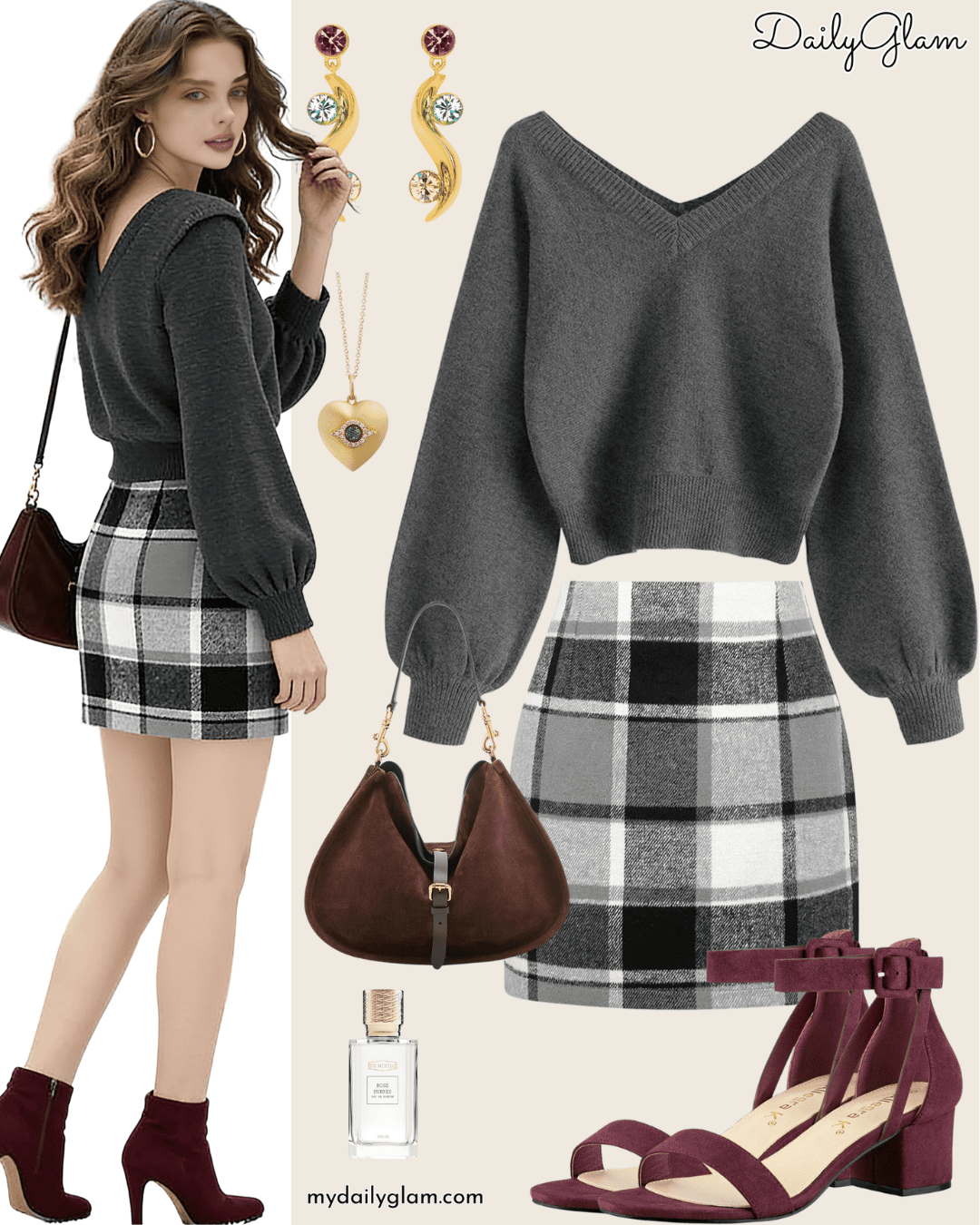 Black White Grey Plaid Mini Skirt Winter Style