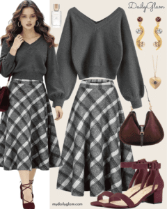 Grey Plaid A-Line Midi Skirt Winter Style