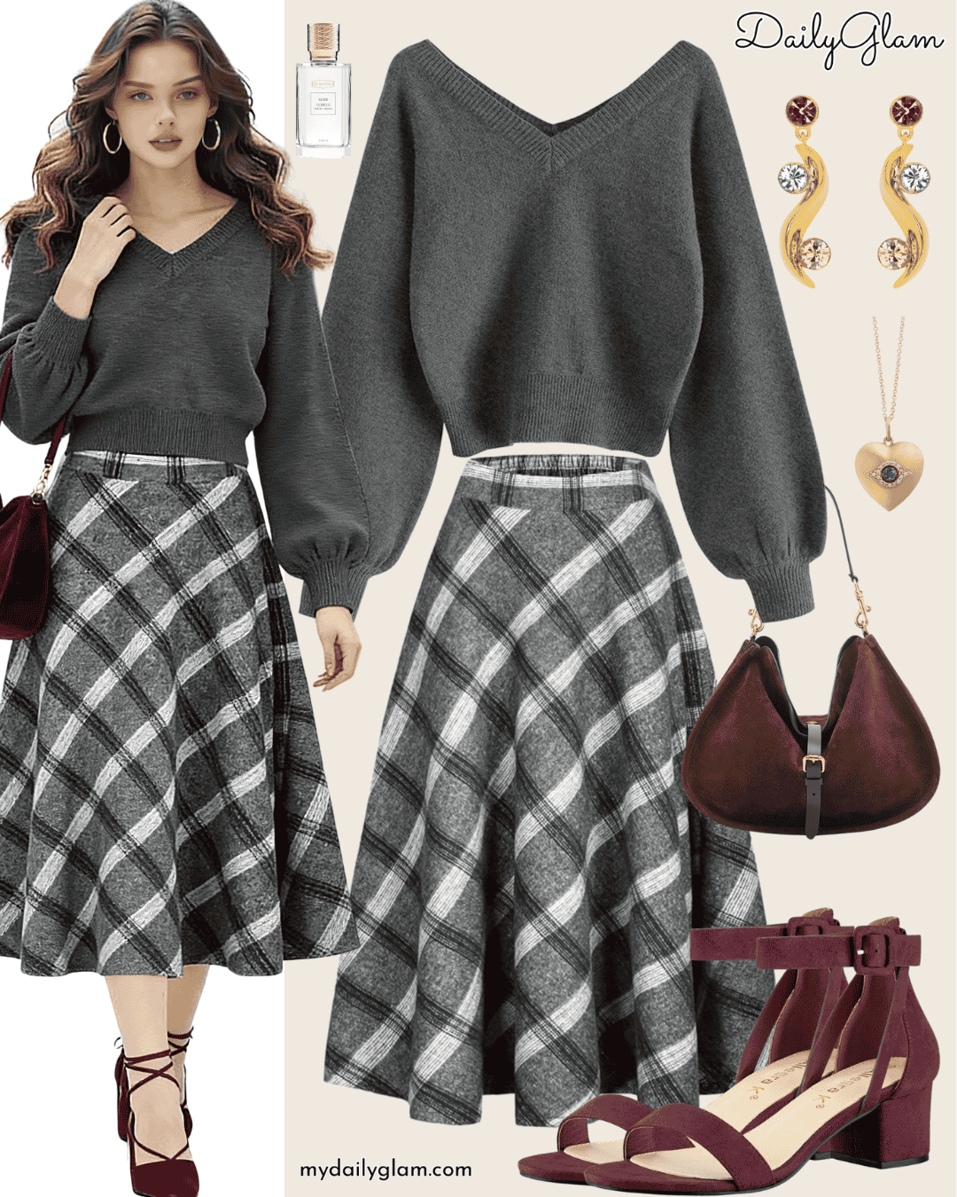 Grey Plaid A-Line Midi Skirt Winter Style