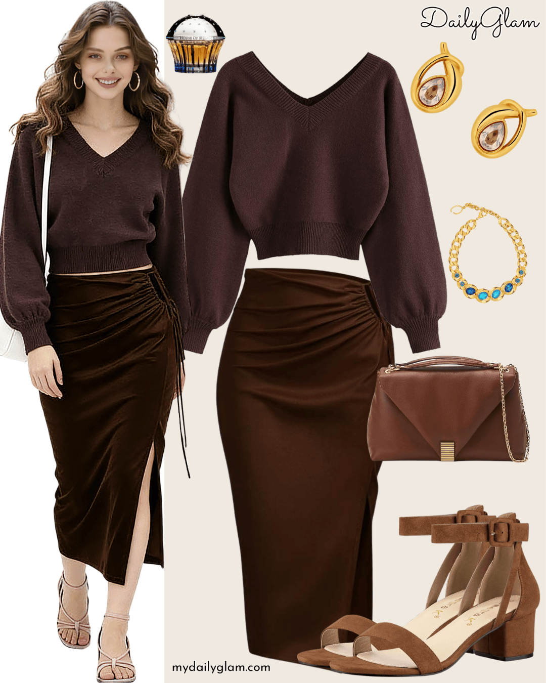 Cropped Chocolate Brown V-Neck Sweater Fall Look