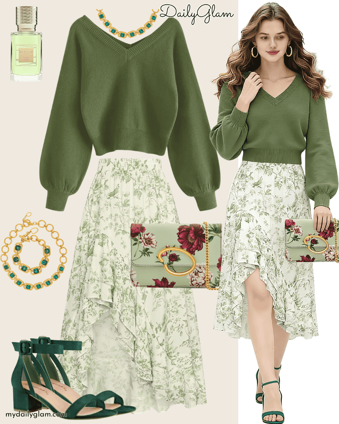 Cropped V-neck Sweater & Floral Maxi Skirt Look