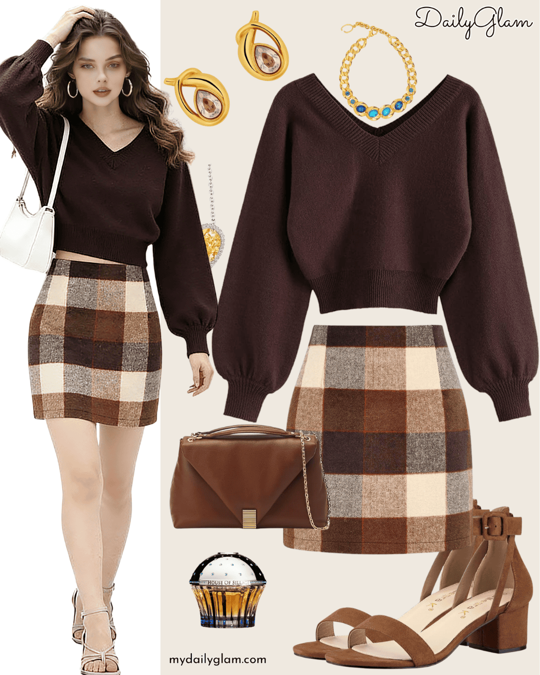 ropped Chocolate Brown V-Neck Sweater Fall Look