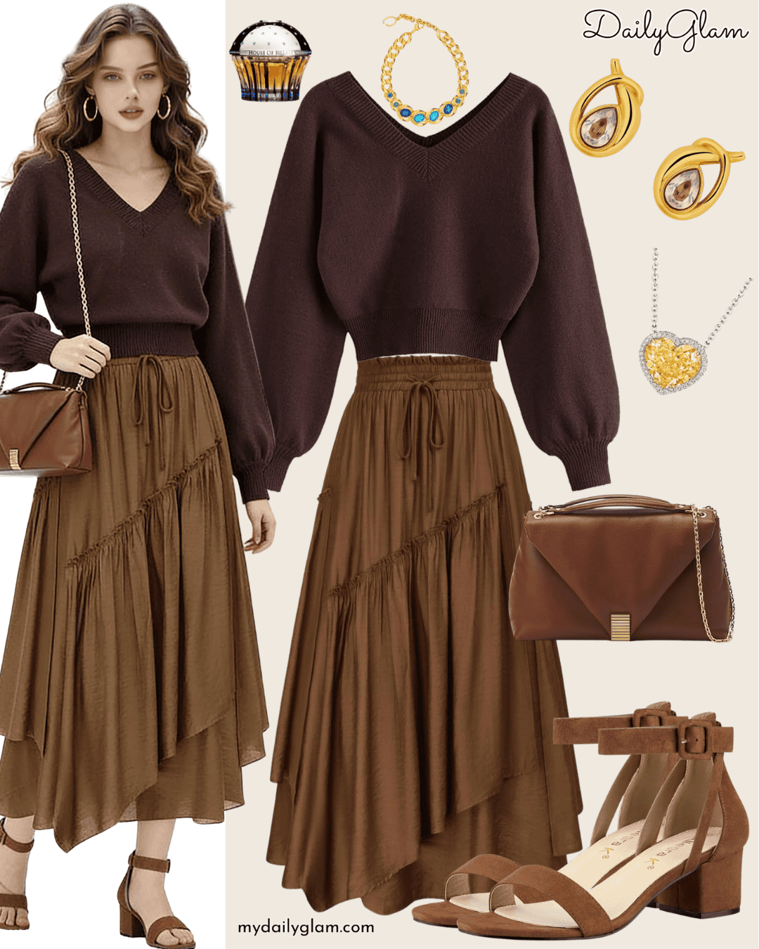 Cropped Chocolate Brown V-Neck Sweater Fall Look