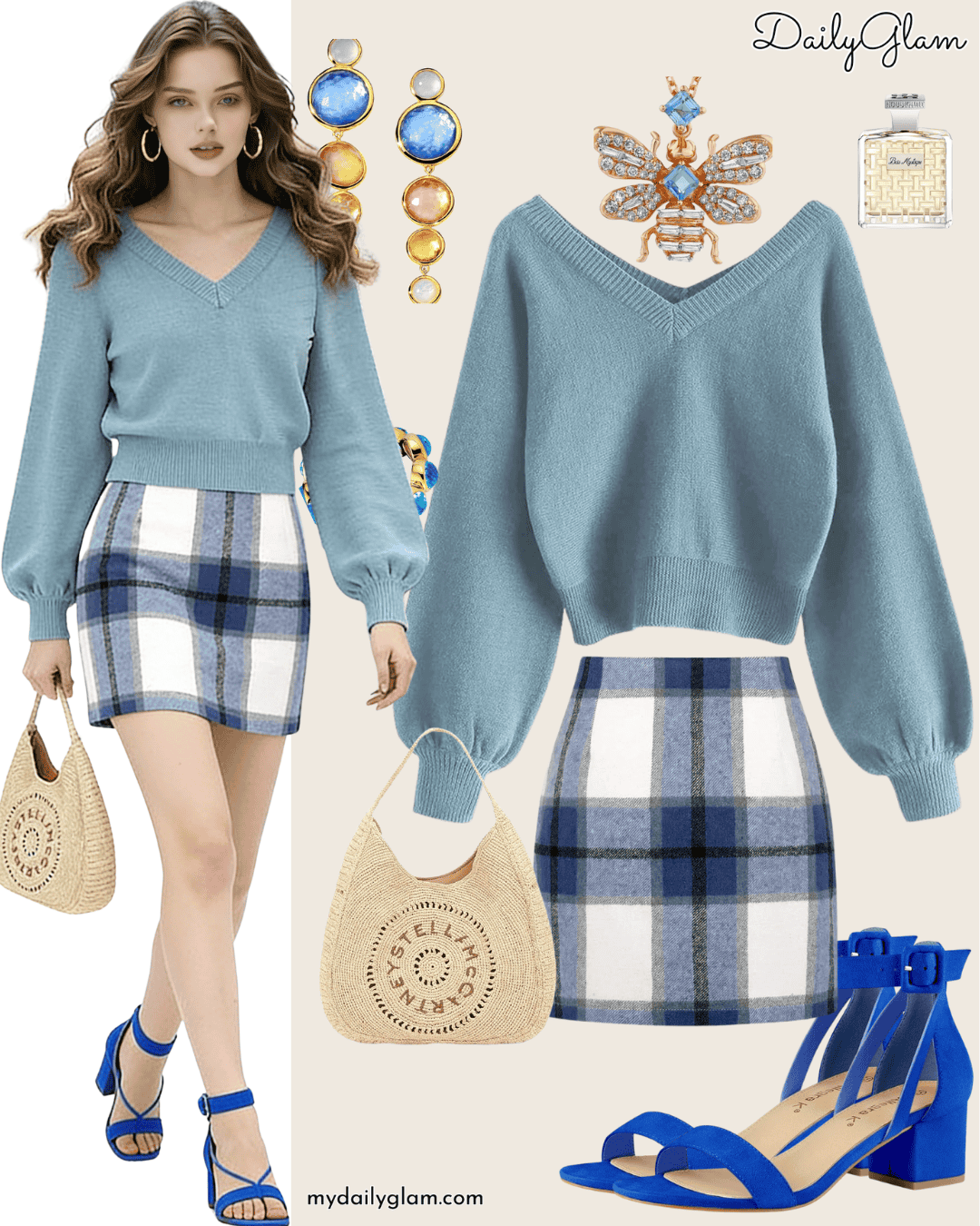 Cropped Dusty Blue V-Neck Sweater Fall Look