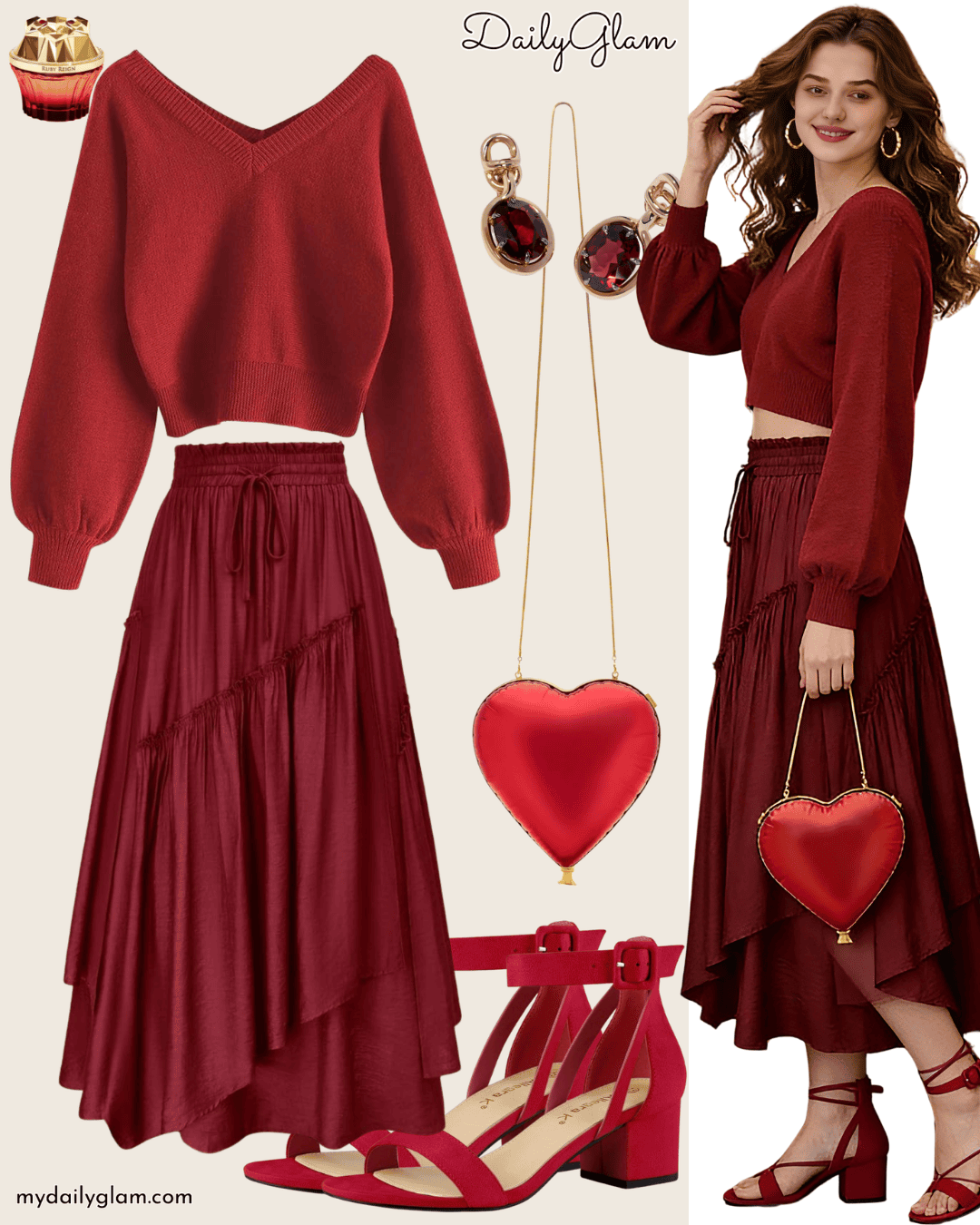 fall winter romantic burgundy outfit with heart-shaped bag & gemstone earrings