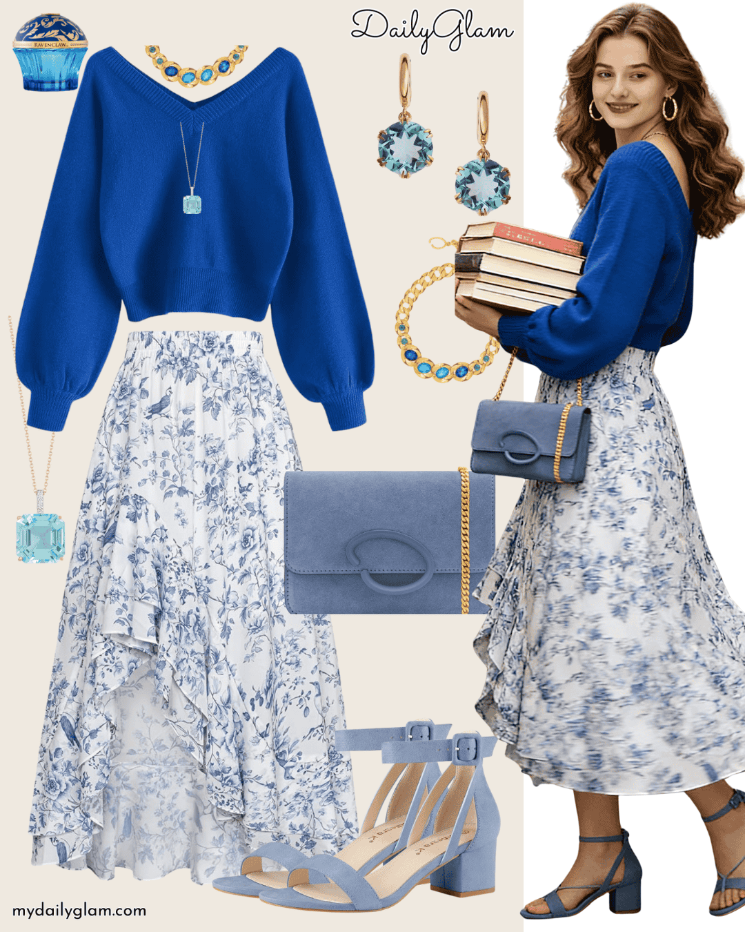 Fall winter boho blue outfit with ruffled floral maxi skirt