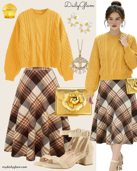 brown plaid midi skirt outfit