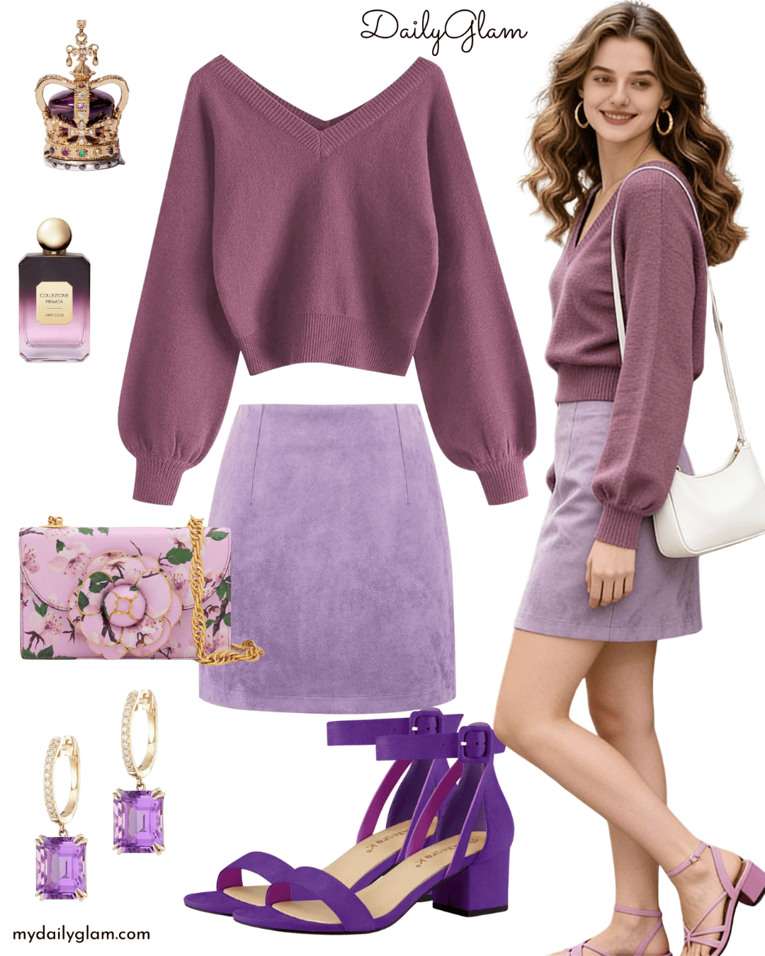 Fall winter chic purple outfit with suede mini skirt & gemstone accessories