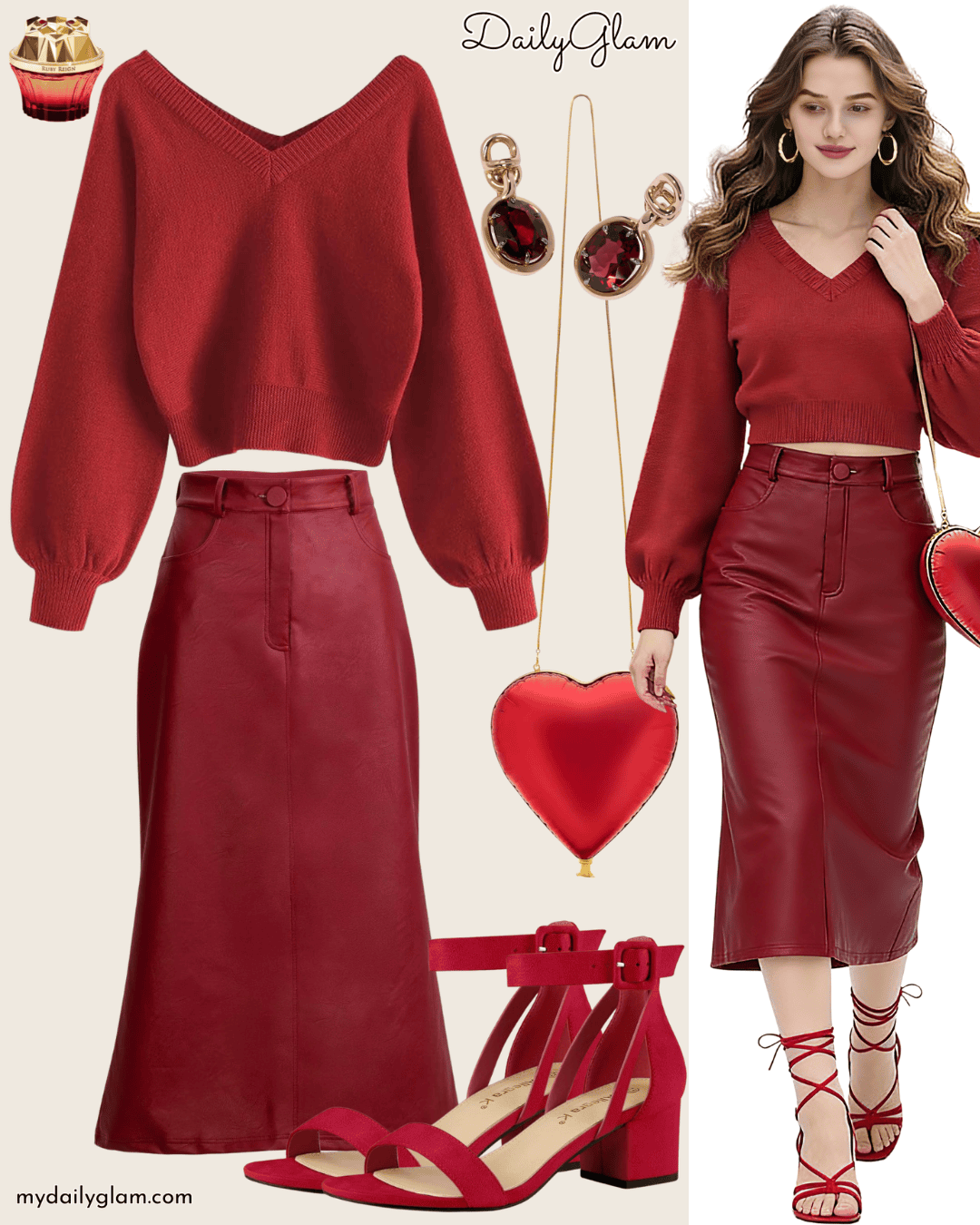 Fall winter elegant burgundy outfit with heart-shaped bag & gemstone jewelry