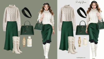 ivory sweater green satin skirt outfit