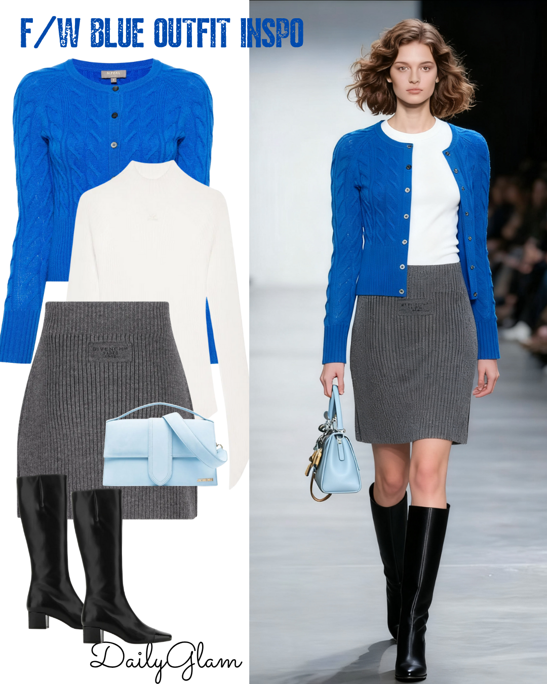 If you’re after a cozy yet vibrant fall winter blue cable-knit cardigan outfit that works for weekend coffee runs, casual office days, or holiday gatherings, this combo of a bright blue cashmere cardigan, white mock-neck sweater, and grey ribbed knit skirt is perfect. It layers playful blue tones with soft neutrals—staying stylish year after year while wrapping you in winter-ready warmth.