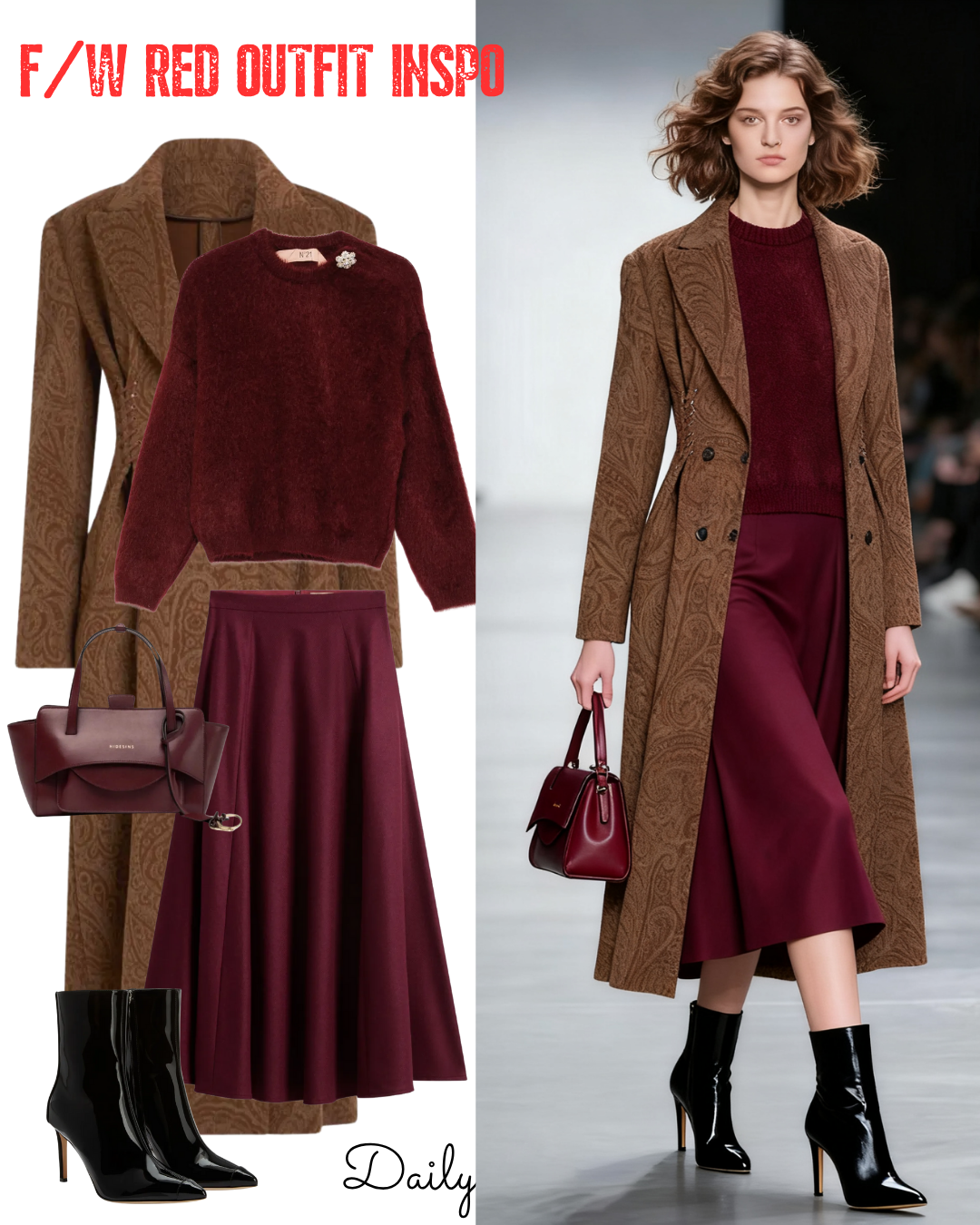Fall Winter Burgundy Brown Paisley Coat Outfit