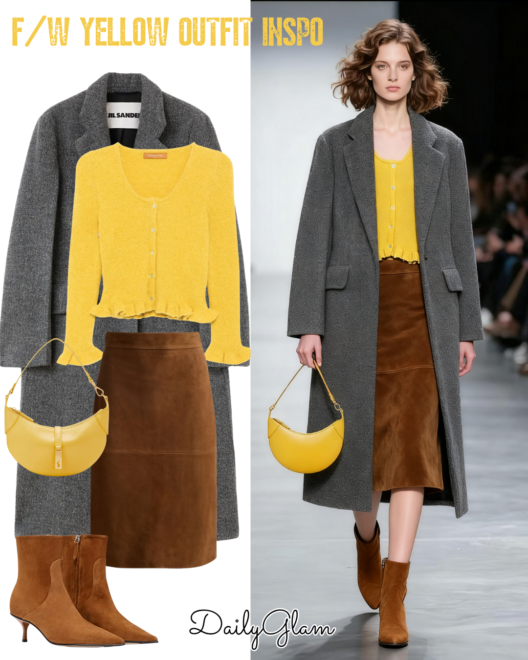 Fall Winter Yellow Cardigan Grey Coat Outfit