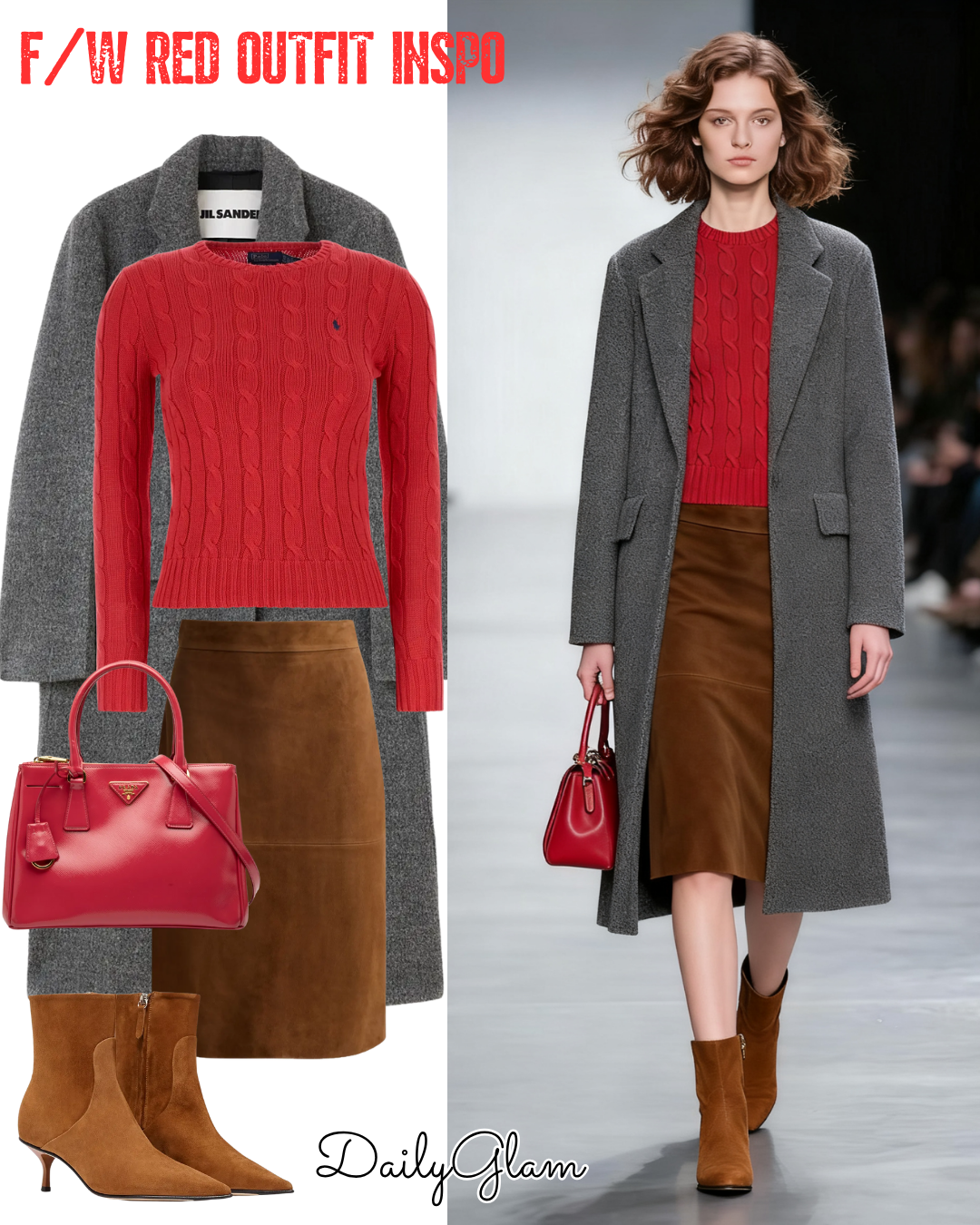 Fall Winter Red Cable-Knit Sweater Grey Coat Outfit