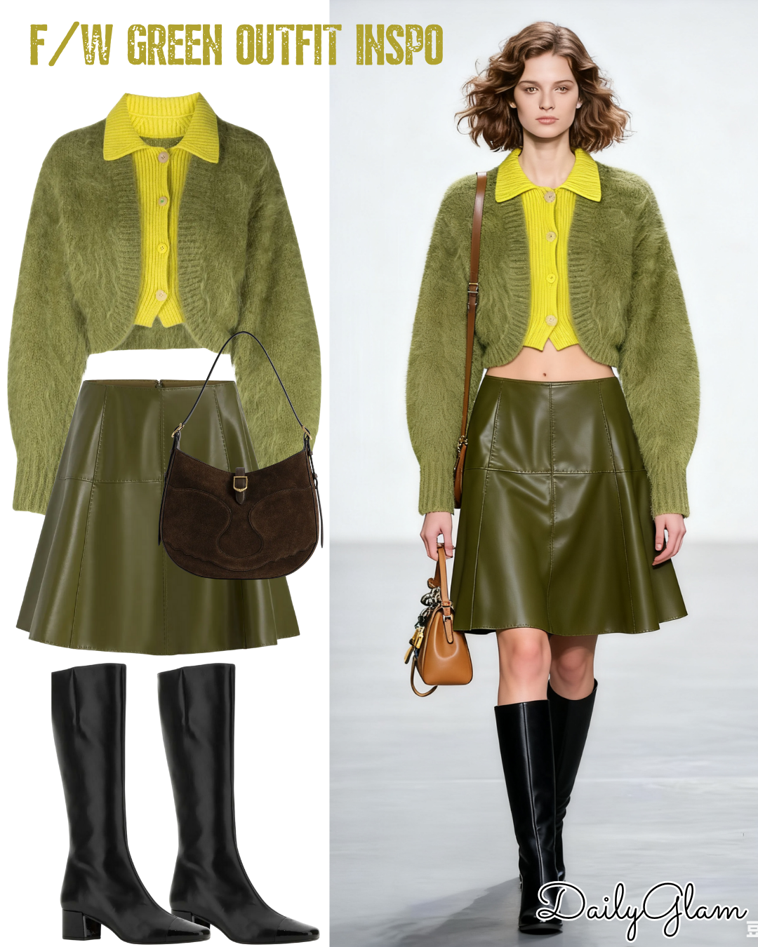 Fall Winter Green Layered Knit & Leather Skirt Outfit