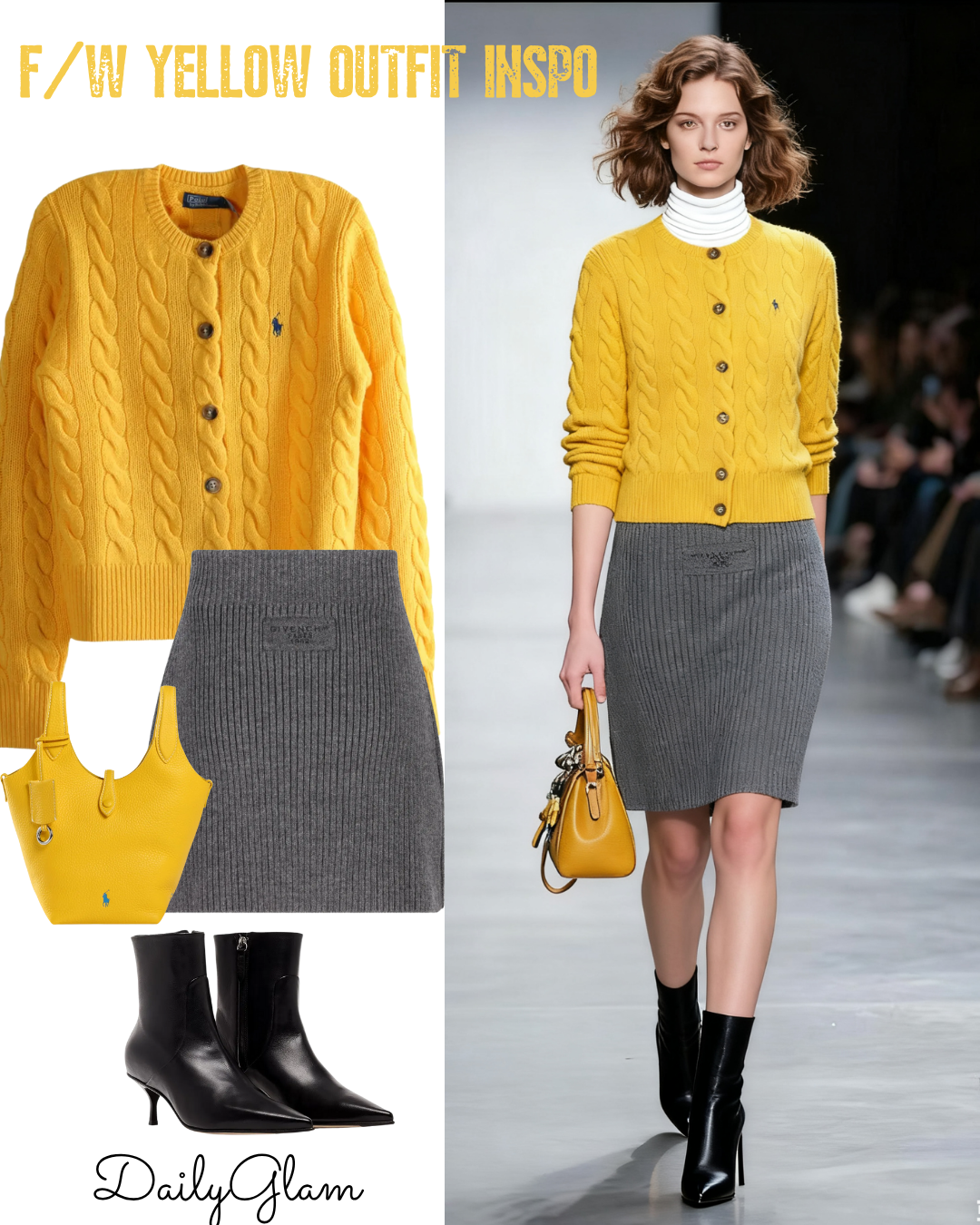 Fall Winter Yellow Cable-Knit Cardigan Outfit