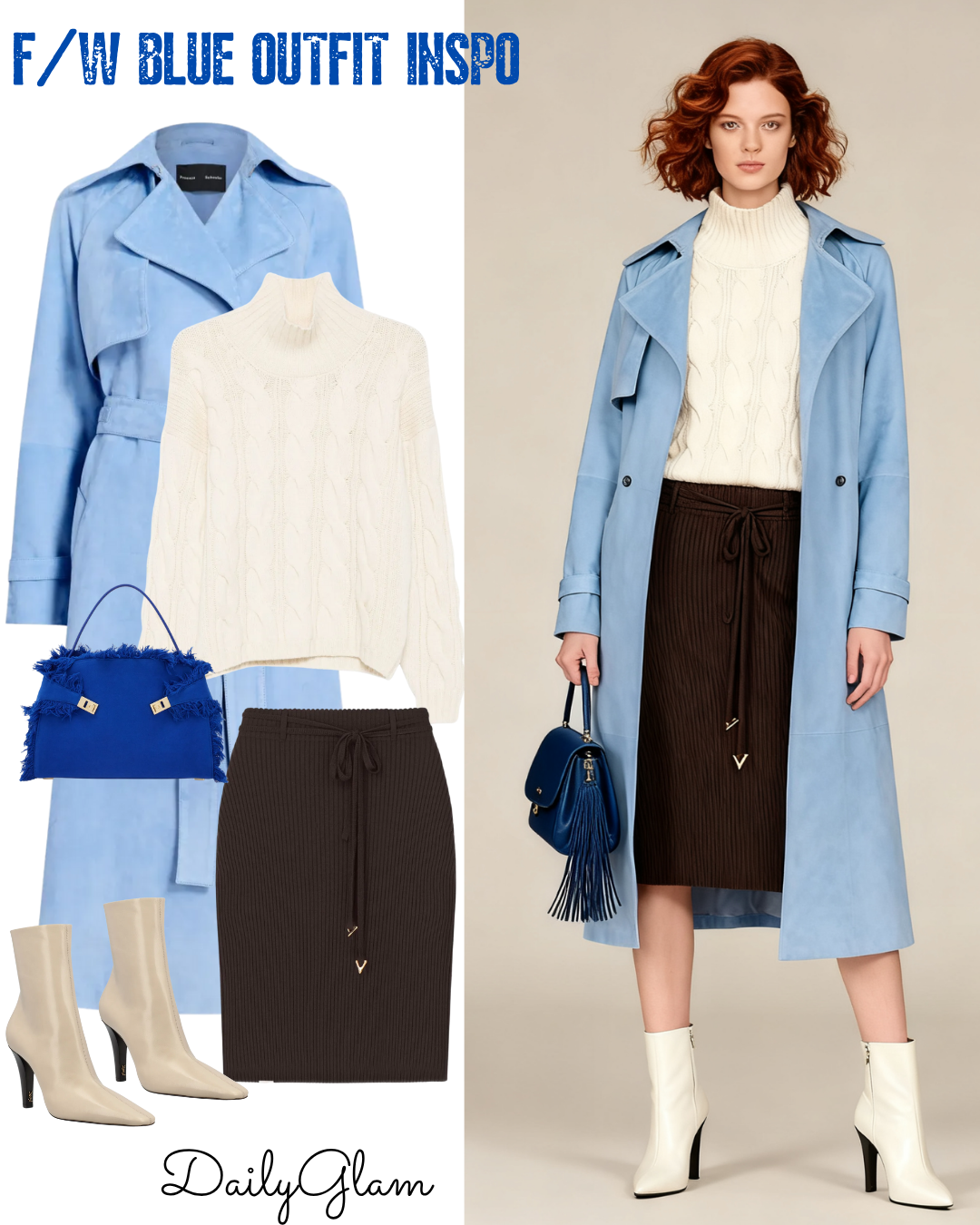 Fall Winter Light Blue Suede Trench Coat Outfit