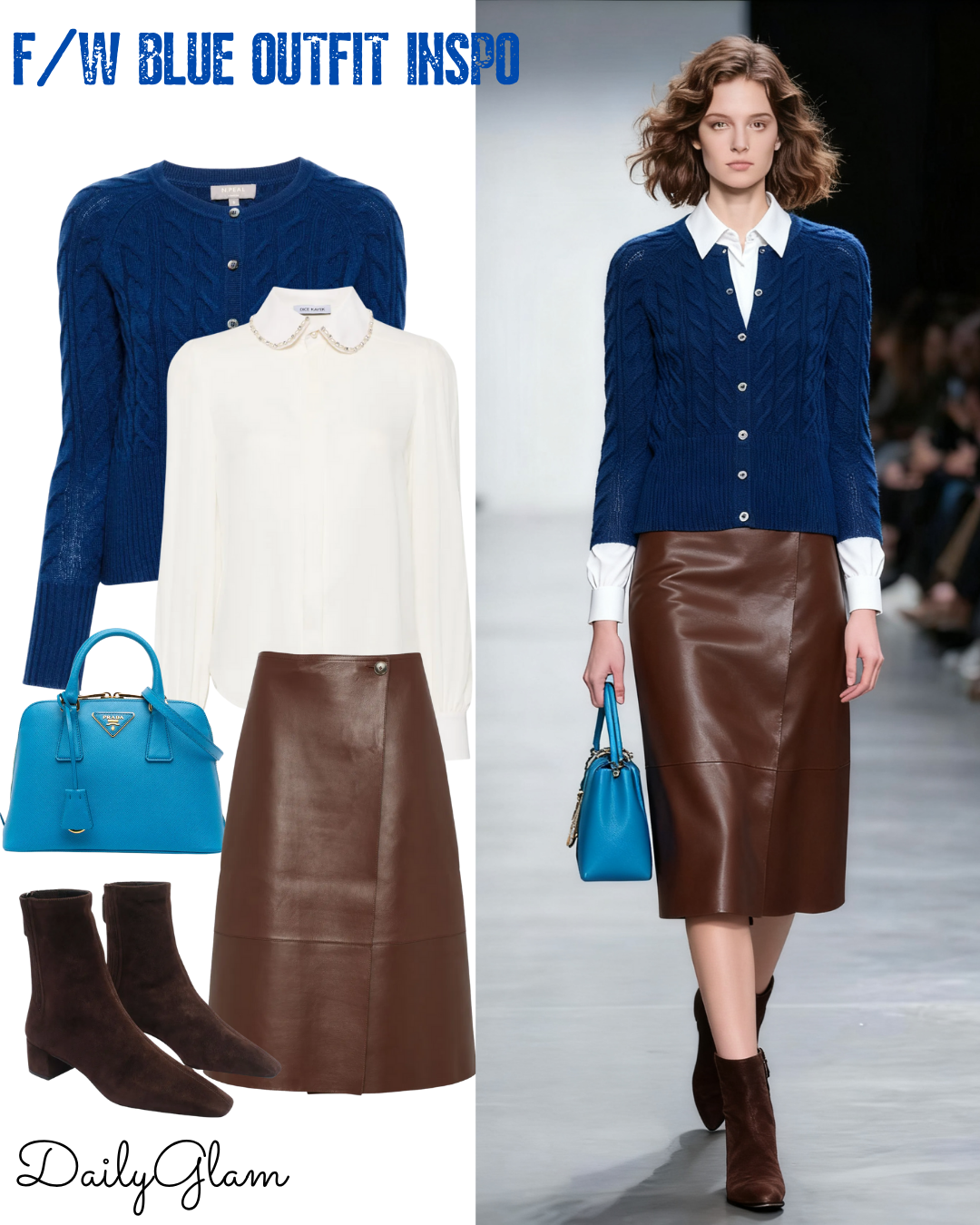 Fall Winter Blue Cashmere Cardigan & Brown Leather Skirt Outfit
