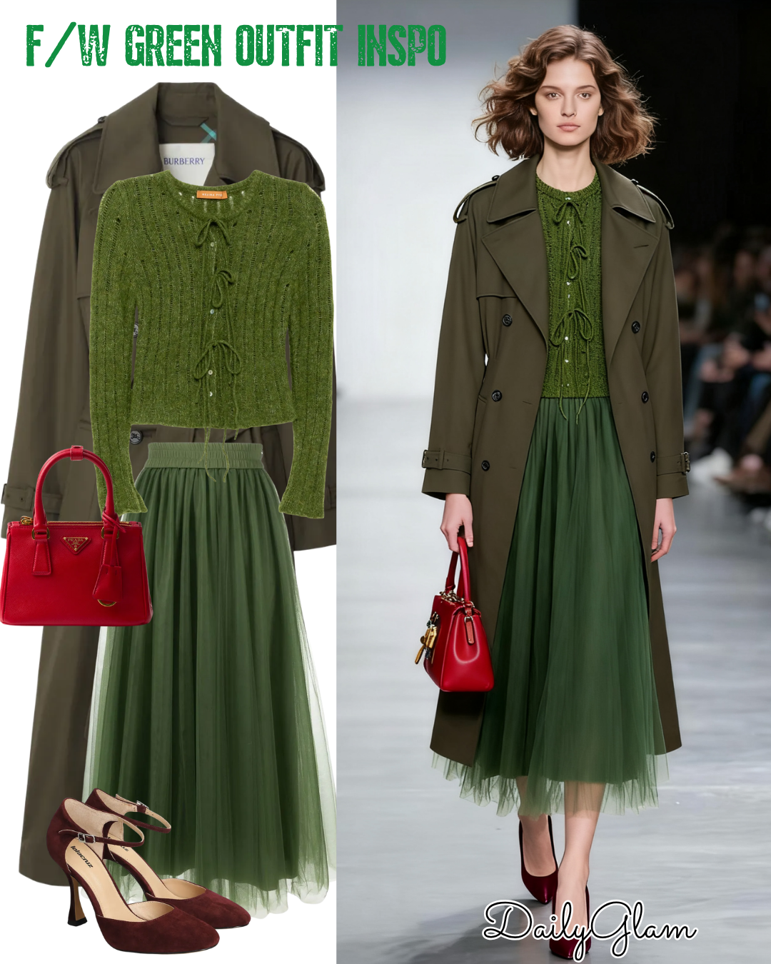 Fall Winter Green Tonal Layered Tulle Skirt Outfit