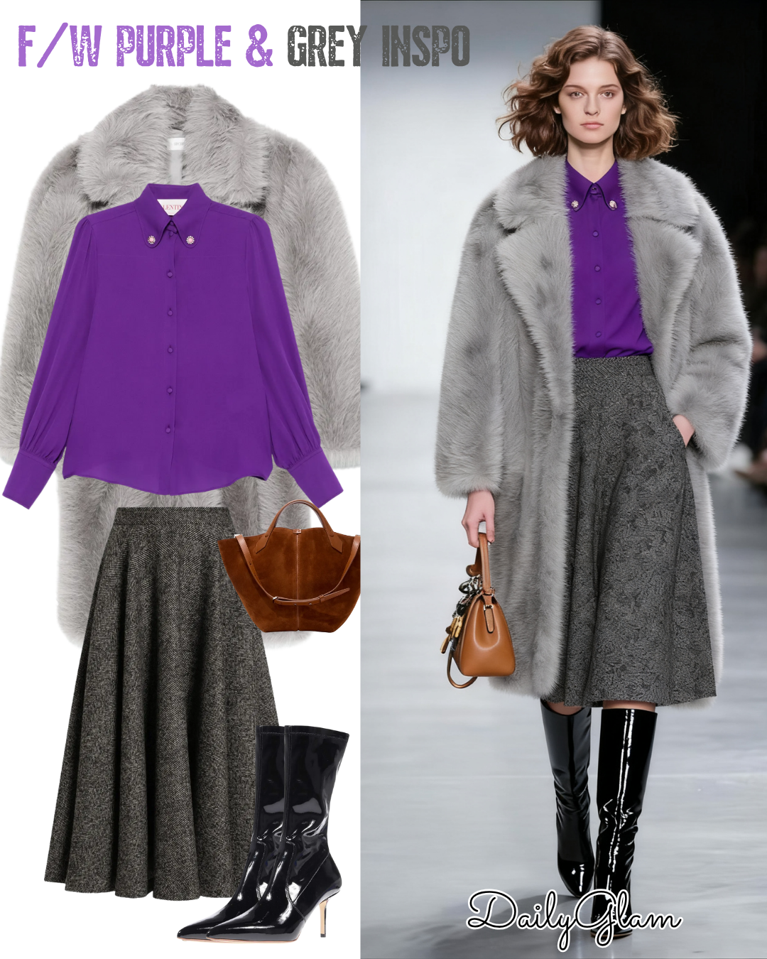 Fall Winter Purple Grey Faux Fur Coat Outfit