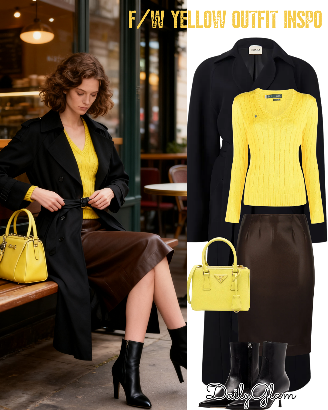 Fall Winter Yellow Cable-Knit Jumper & Black Trench Coat Outfit