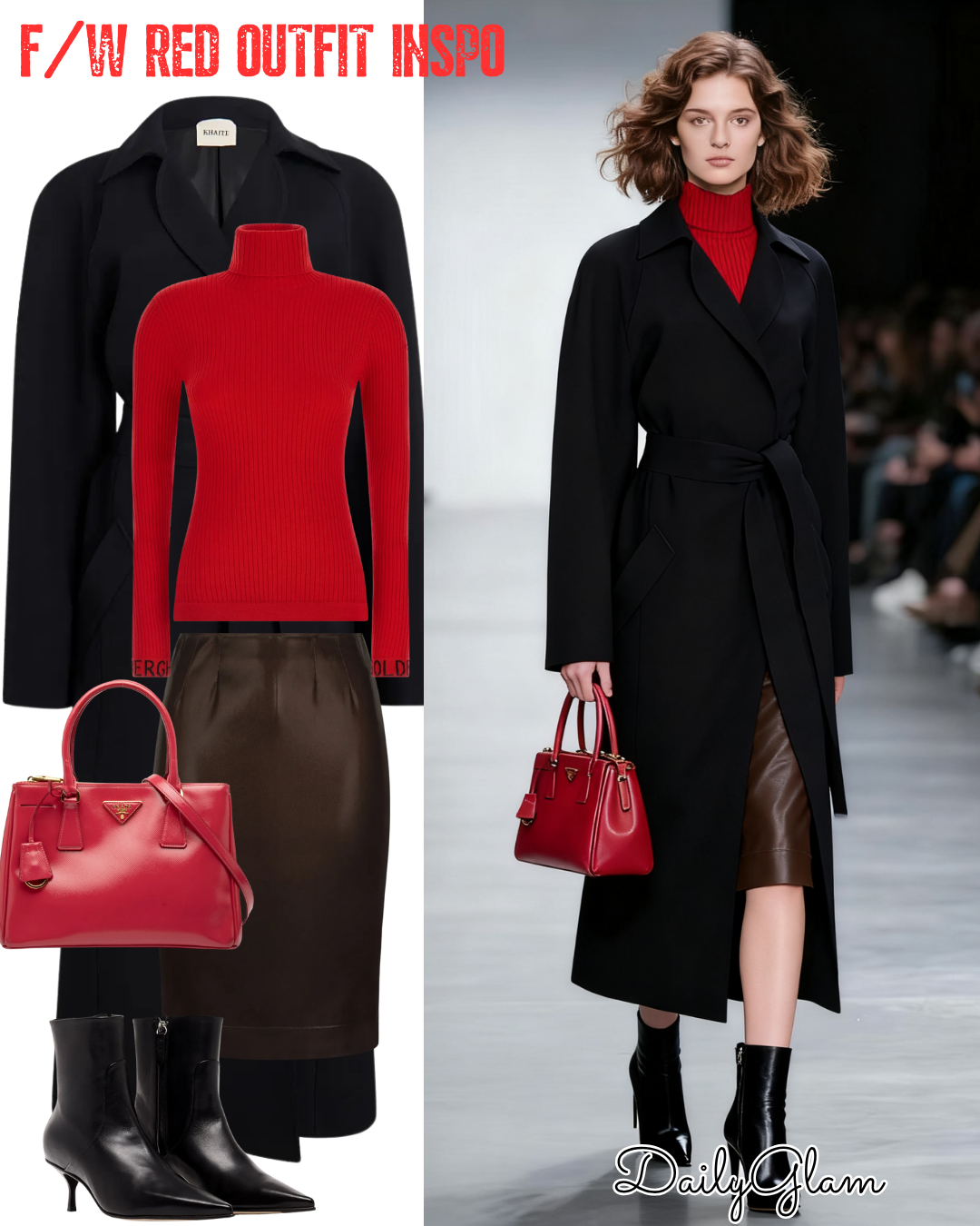 Fall Winter Red Turtleneck Black Trench Coat Outfit