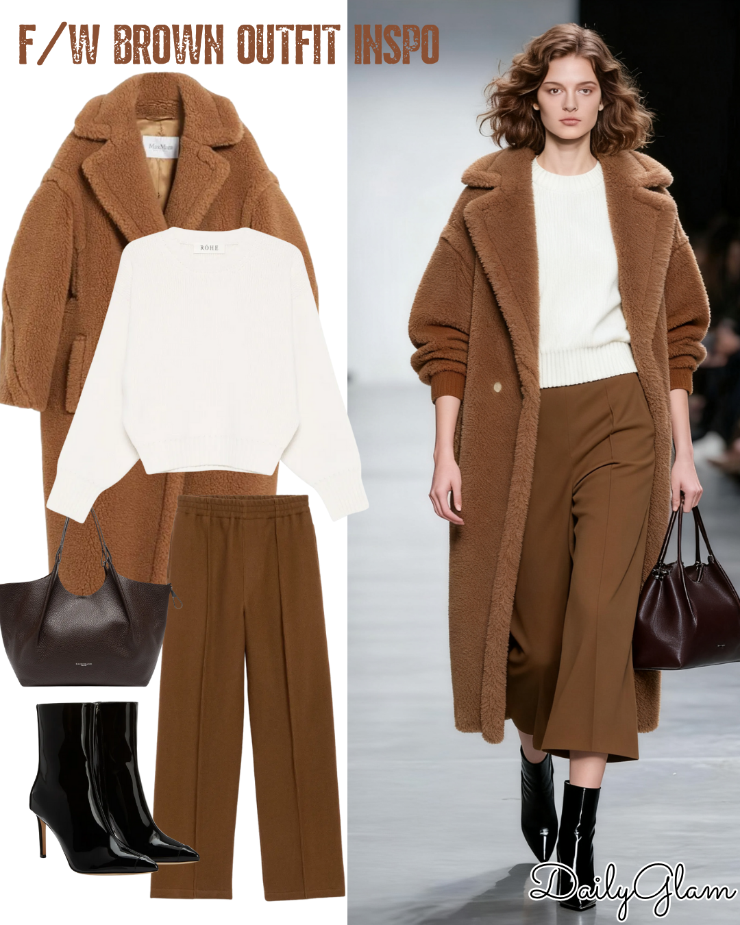 If you’re after a cozy yet polished fall winter brown teddy coat outfit that works for office days, weekend brunch, or holiday outings, this combo of a brown Max Mara teddy coat, white sculptural crew-neck sweater, and camel brown wool trousers is perfect. It leans into warm camel neutrals and plush textures—staying stylish year after year while wrapping you in winter-ready warmth.