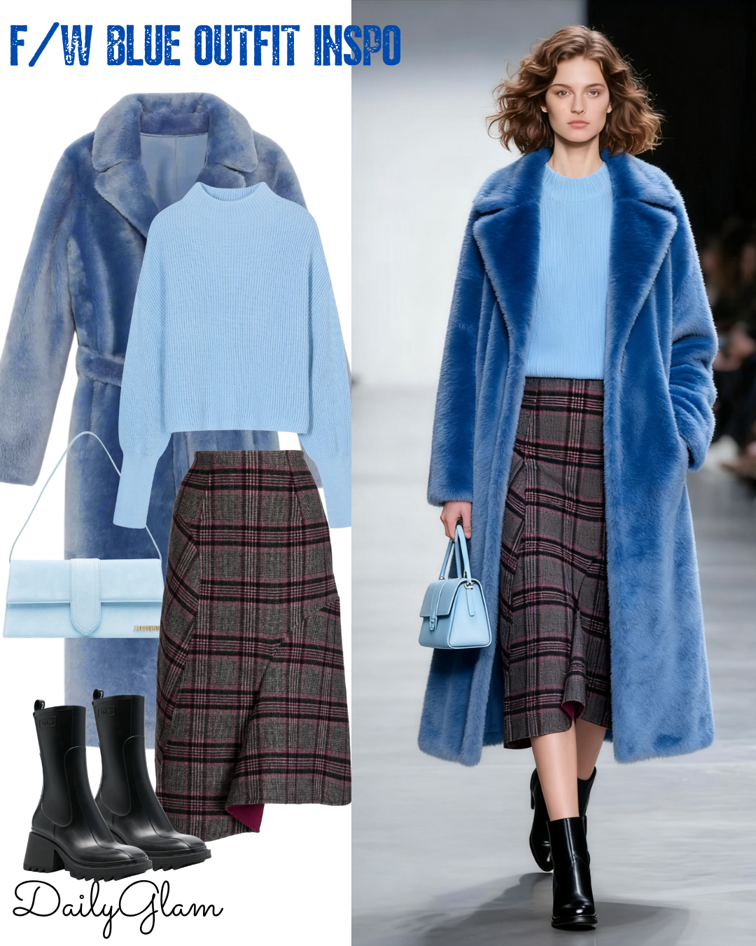 Fall Winter Blue Shearling Coat Plaid Skirt Outfit