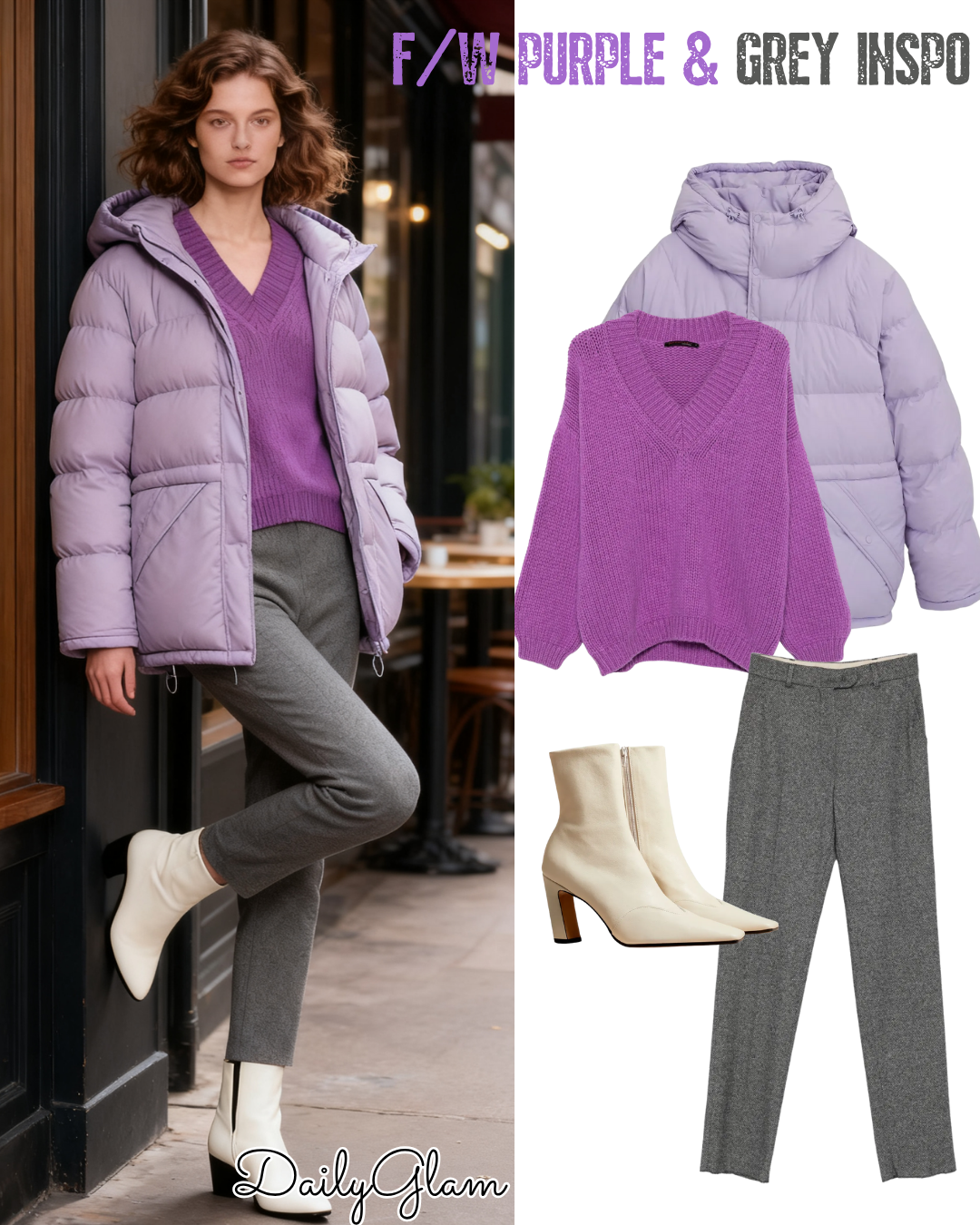Fall Winter Lavender Grey Puffer Jacket Outfit