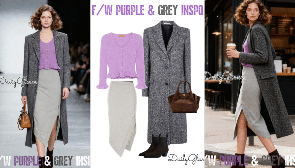 Fall Winter Purple Grey Herringbone Coat Outfit