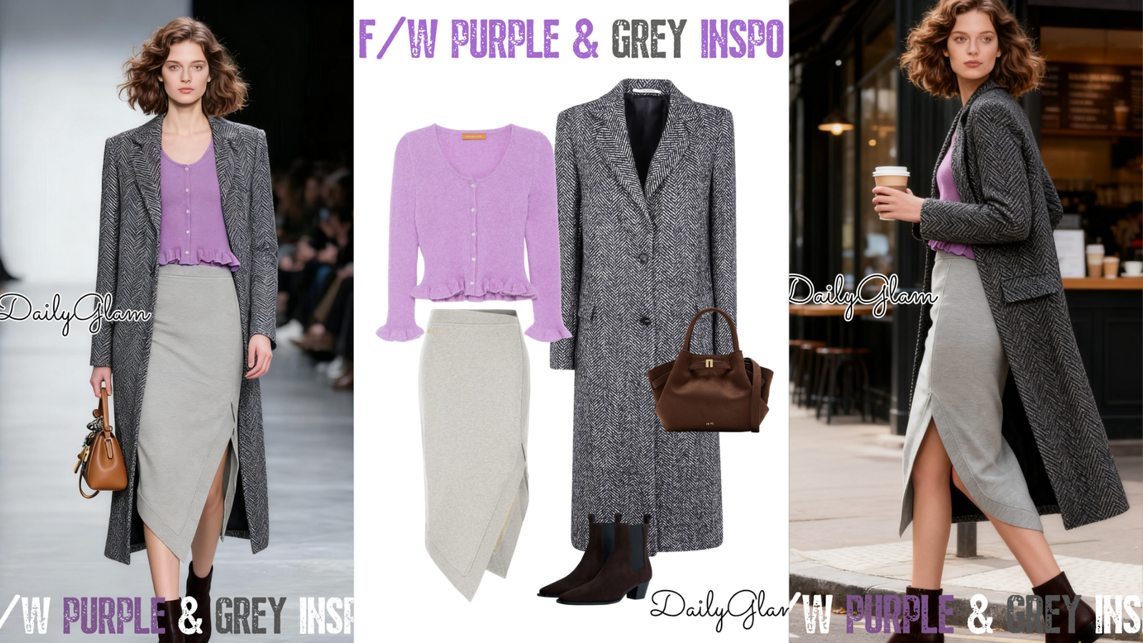 Fall Winter Purple Grey Herringbone Coat Outfit