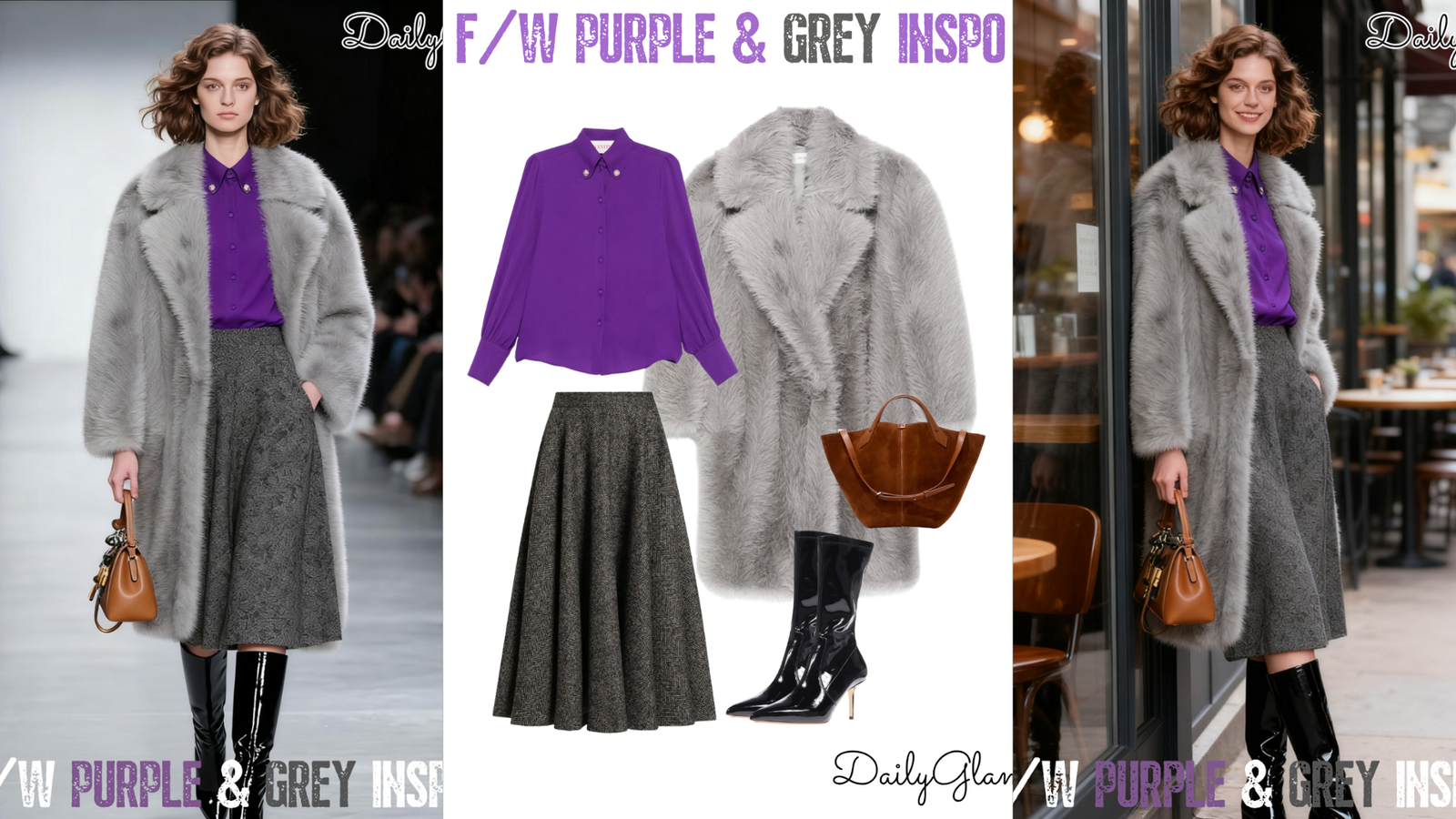 Fall Winter Purple Grey Faux Fur Coat Outfit