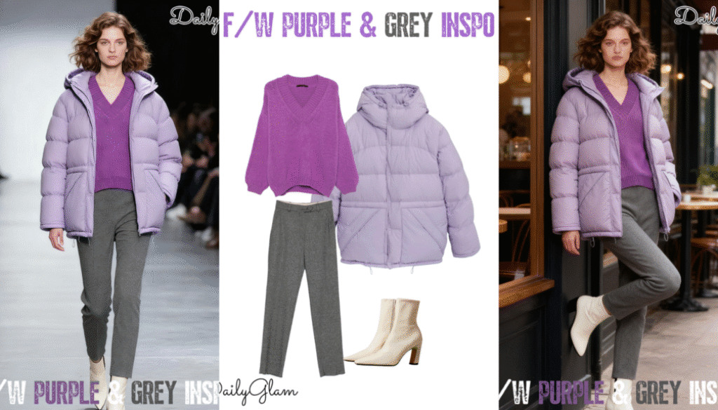 Fall Winter Lavender Grey Puffer Jacket Outfit