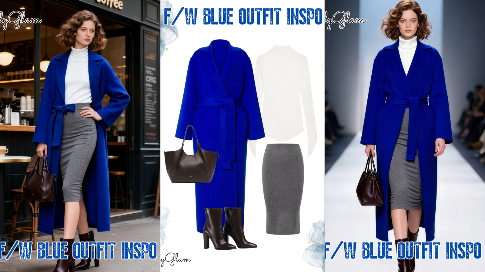 Fall Winter Royal Blue Wrap Coat Outfit: Bold Blue + Soft Neutral Layers