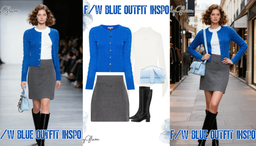 Fall Winter Blue Cable-Knit Cardigan Outfit