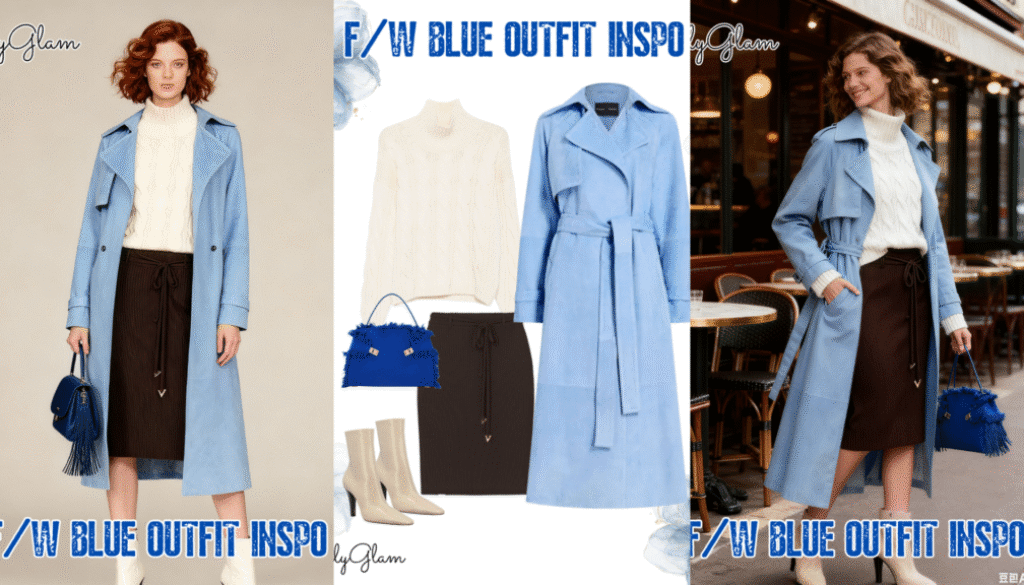 Fall Winter Light Blue Suede Trench Coat Outfit