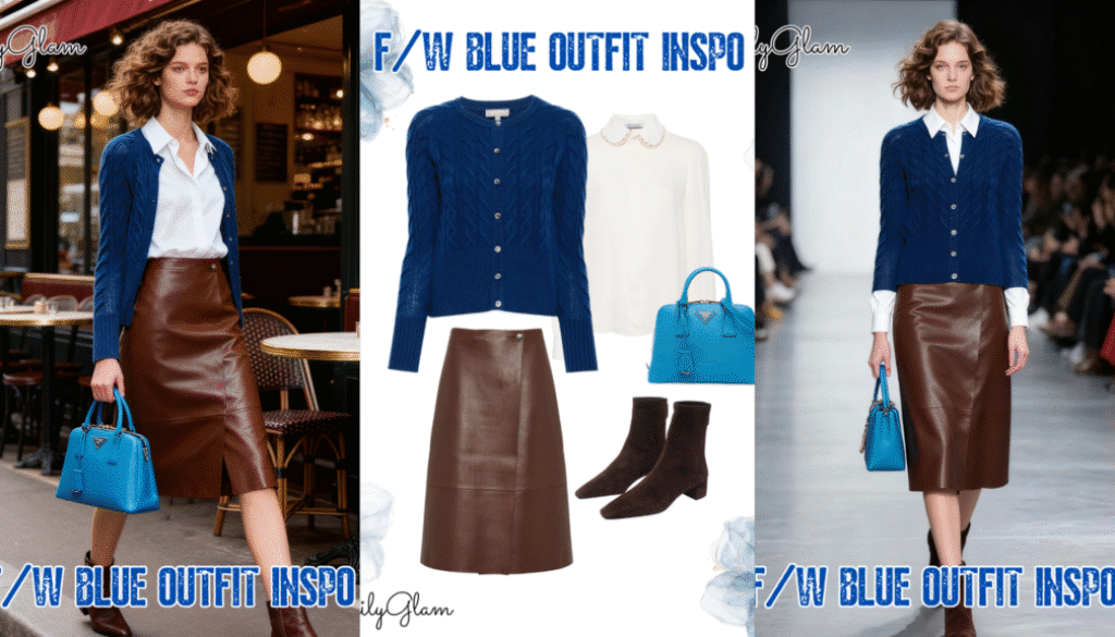 Fall Winter Blue Cashmere Cardigan & Brown Leather Skirt Outfit: Soft Luxe + Sleek Warmth