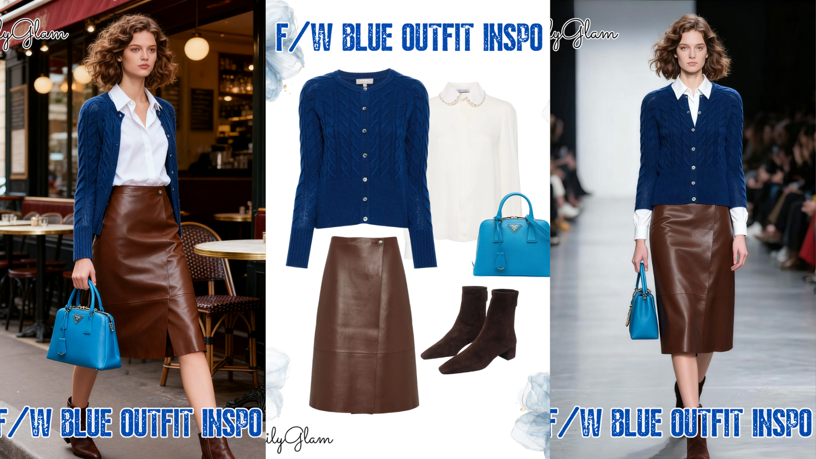 Fall Winter Blue Cashmere Cardigan & Brown Leather Skirt Outfit: Soft Luxe + Sleek Warmth